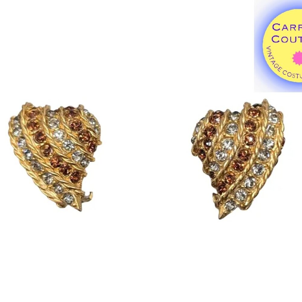 Vintage Signed Rifas Faux-Topaz & Clear Rhinestone Striped Heart Clip Earrings